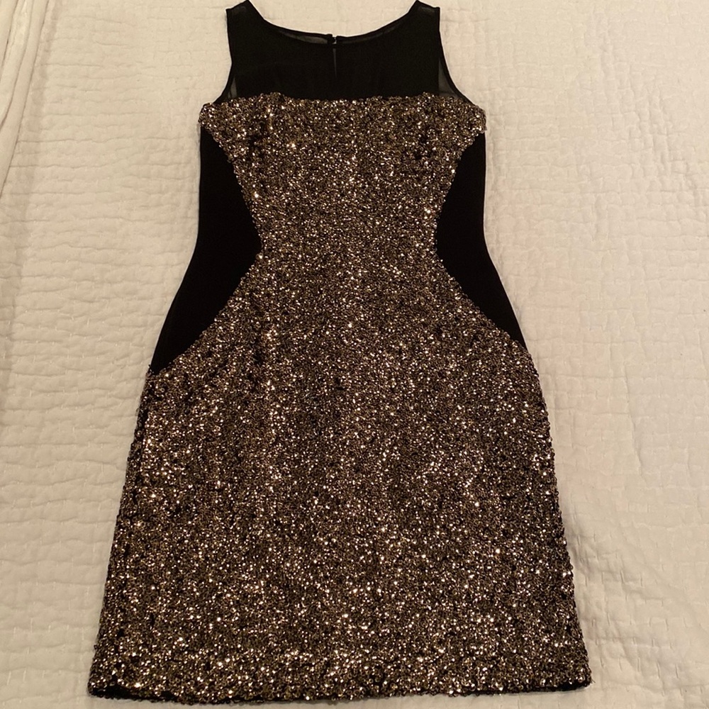 Aidan Maddox Black and Gold Sequin Dress